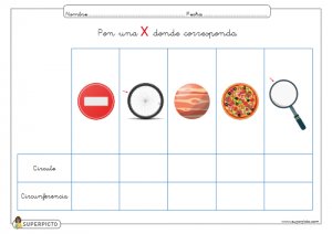 Poner una X donde corresponda (circunferencia y círculo)