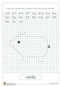Seguir las indicaciones y después escribir lo que se ha dibujado (cerdo)