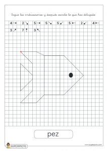 Seguir las indicaciones y después escribir lo que se ha dibujado (pez)