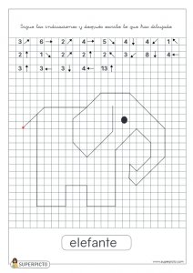 Seguir las indicaciones y después escribir lo que se ha dibujado (elefante)
