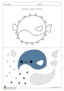 Seguir las indicaciones y después escribir lo que has dibujado (pez globo)