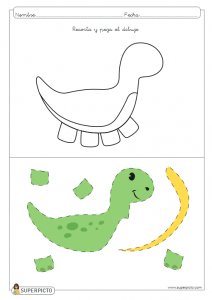 Seguir las indicaciones y después escribir lo que has dibujado (dinosaurio)