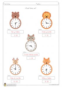 Escribir la hora en relojes analógicos (en punto, y cuarto, y media y menos cuarto)