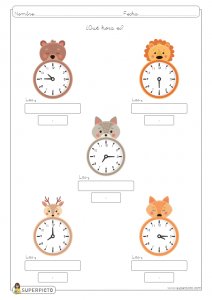 Escribir la hora en relojes analógicos (en punto, y cuarto, y media y menos cuarto)