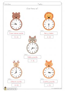 Escribir la hora en relojes analógicos (en punto, y cuarto, y media y menos cuarto)