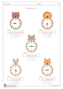 Escribir la hora en relojes analógicos (en punto, y cuarto, y media y menos cuarto)