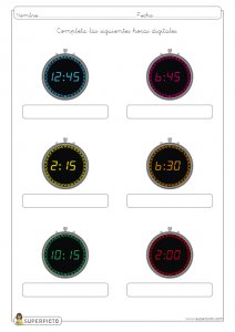 Escribir la hora en relojes digitales (en punto, y cuarto, y media y menos cuarto)