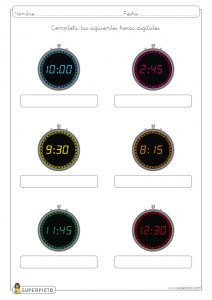 Escribir la hora en relojes digitales (en punto, y cuarto, y media y menos cuarto)