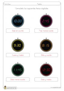 Escribir la hora en relojes digitales (en punto, y cuarto, y media y menos cuarto)
