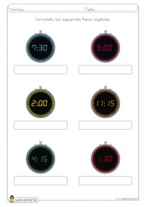 Escribir la hora en relojes digitales (en punto, y cuarto, y media y menos cuarto)