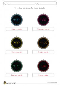 Escribir la hora en relojes digitales (en punto, y cuarto, y media y menos cuarto)