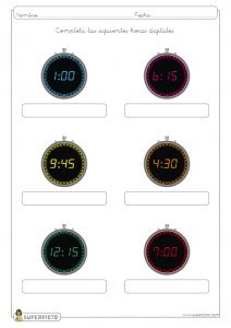 Escribir la hora en relojes digitales (en punto, y cuarto, y media y menos cuarto)