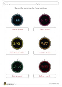 Escribir la hora en relojes digitales (en punto, y cuarto, y media y menos cuarto)