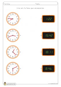 Unir la hora analógica con su digital correspondiente