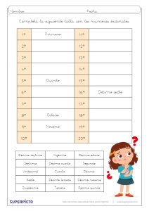 Completar los veinte primeros números ordinales