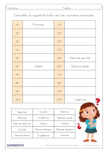 Completar los veinte primeros números ordinales