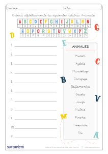 Orden alfabético de palabras según temáticas con apoyo del alfabeto