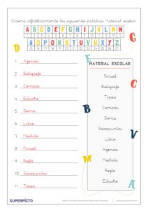 Orden alfabético de palabras según temáticas con apoyo del alfabeto