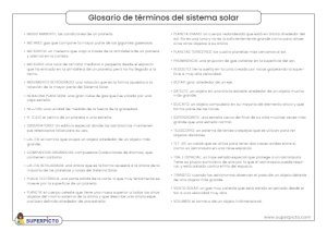 Ficha con un Glosario de planetas del sistema solar